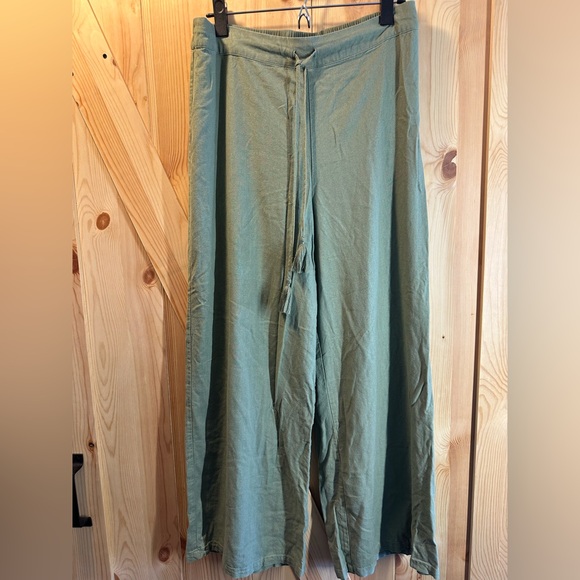House of Harlow 1960 Pants - House of Harlow 1960 Sage Green Linen-Blend Wide Leg Tassel Drawstring Pants